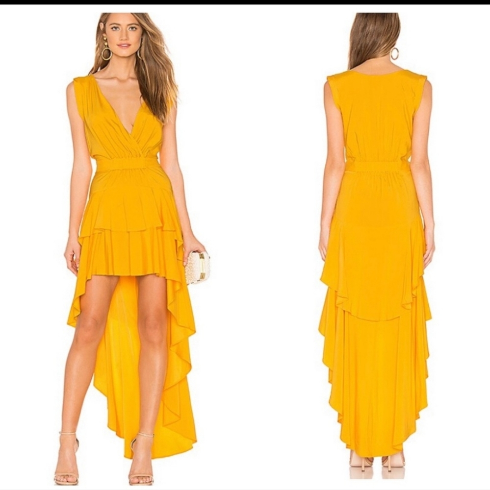 Aijek Revolve Madelyn yellow silk draped ruffle high low dress